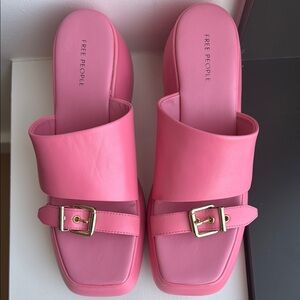Free People Pink Platform Slide Sandals with Gold Buckle
